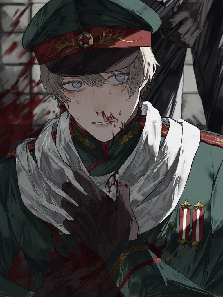 1boy, 1other, axis_powers_hetalia, benishake8, black_gloves, black_pants, blood, blood_on_clothes, blood_on_gloves, blood_on_wall, blue_eyes, buttons, gloves, green_hat, green_jacket, grey_hair, gun, hair_between_eyes, hand_up, handgun, hands_on_own_chest, hat, hat_ornament, holding, holding_gun, holding_weapon, injury, jacket, long_sleeves, male_focus, mandarin_collar, medal, military_hat, military_jacket, military_uniform, nosebleed, pants, russia_(hetalia), scarf, short_hair, solo_focus, standing, star_(symbol), star_hat_ornament, sweat, teeth, tile_wall, tiles, upper_body, weapon, white_scarf