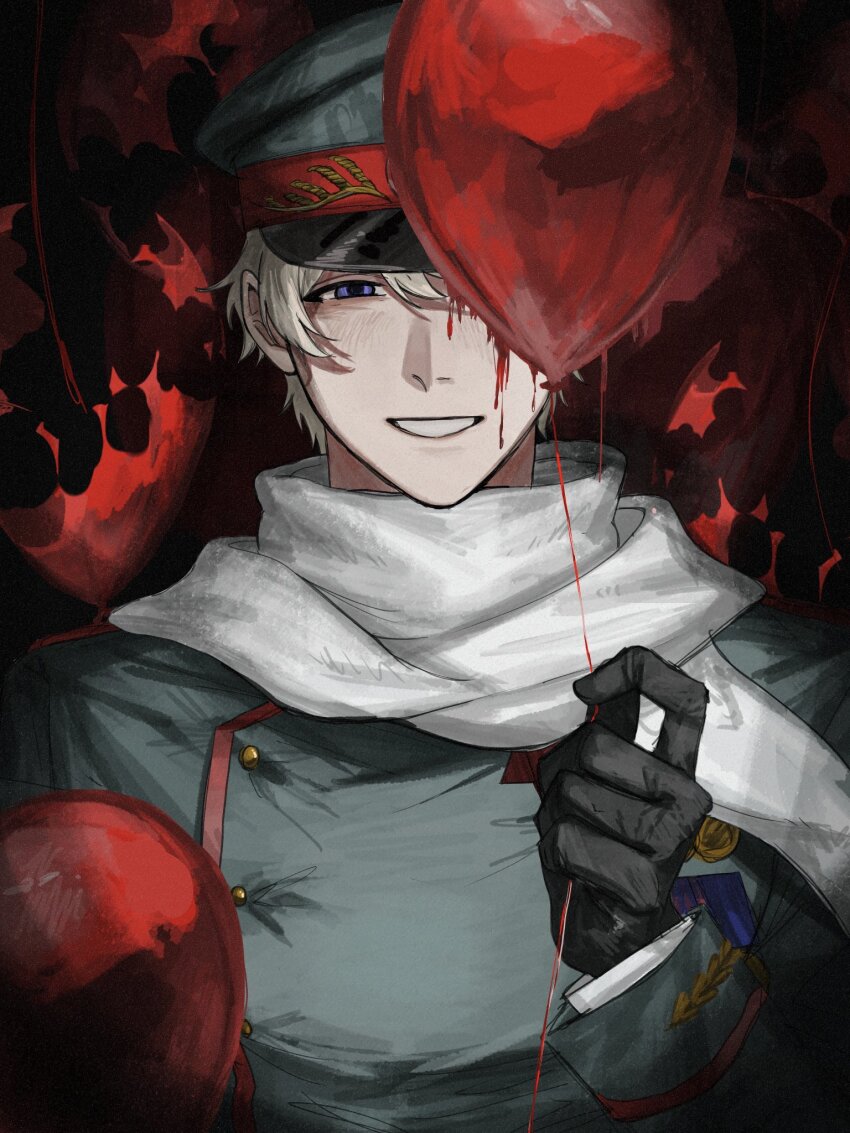 1boy, axis_powers_hetalia, balloon, benishake8, black_background, black_gloves, blonde_hair, blush