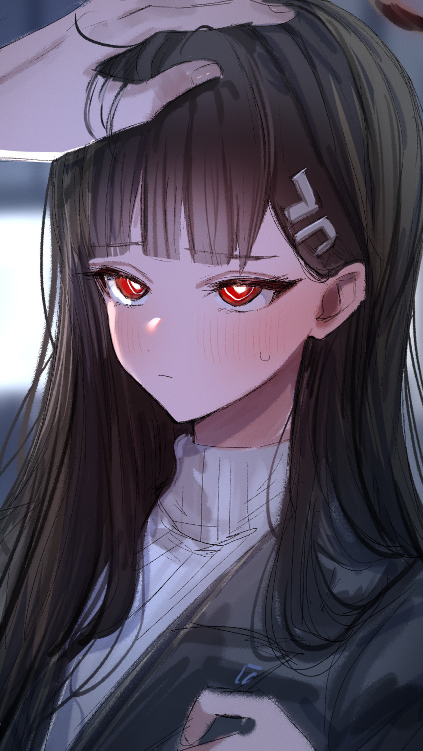 1boy, 1girl, black_hair, black_jacket, blue_archive, blunt_bangs, blurry, blurry_background