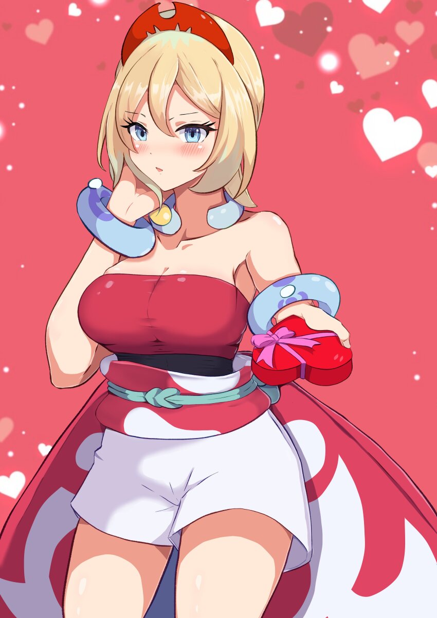 1girl, absurdres, araaraneko, bare_shoulders, blonde_hair, blue_eyes, breasts, cleavage