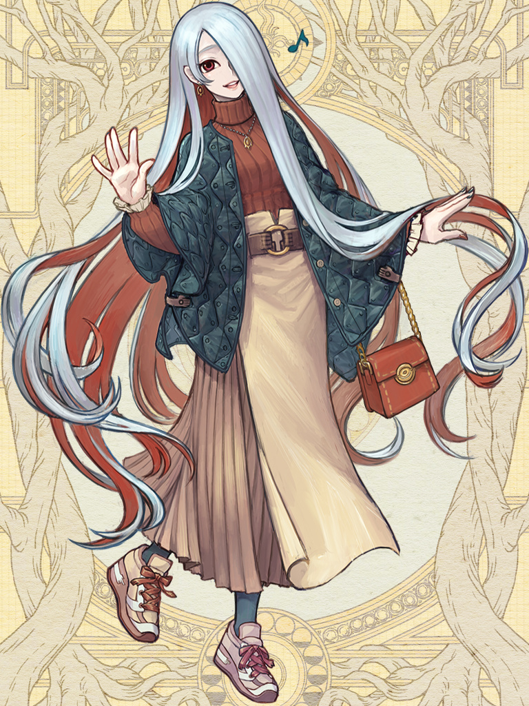 1girl, bag, belt, brown_belt, coat, colored_inner_hair, dairoku_ryouhei, earrings, eighth_note, full_body, hair_over_one_eye, hand_up, handbag, jewelry, long_hair, looking_at_viewer, multicolored_hair, musical_note, necklace, orego, red_eyes, red_hair, red_sweater, shirataki_tete, shoes, skirt, sneakers, socks, solo, standing, sweater, turtleneck, turtleneck_sweater, very_long_hair, white_hair, yellow_background, yellow_skirt