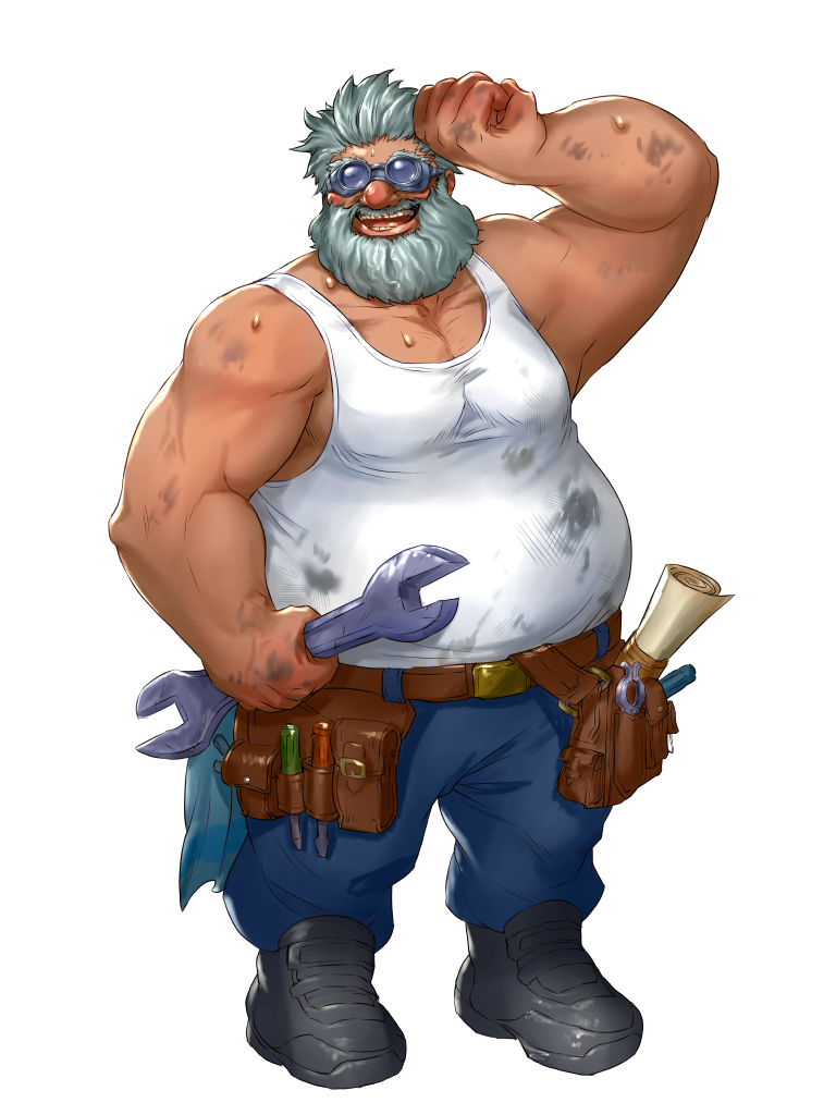 1boy, bara, beard, belt, belt_pouch, black_shoes, blue_pants, dairoku_ryouhei