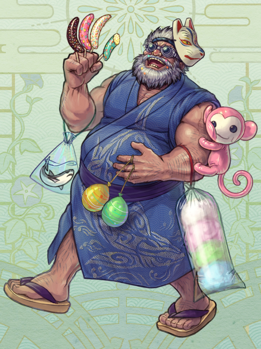1boy, :d, bag, bagged_fish, bara, beard, blue_kimono, chocolate-covered_food