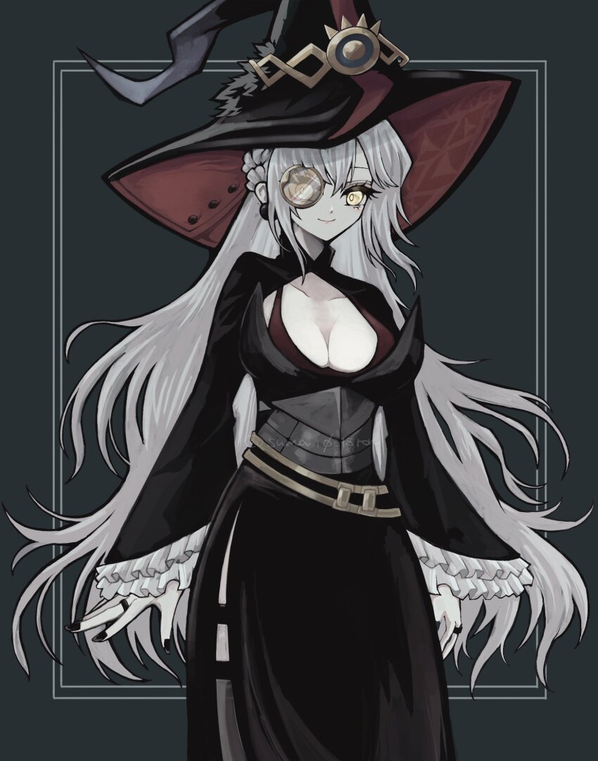 1girl, black_dress, black_hat, breasts, cleavage, cleavage_cutout, clothing_cutout, cowboy_shot