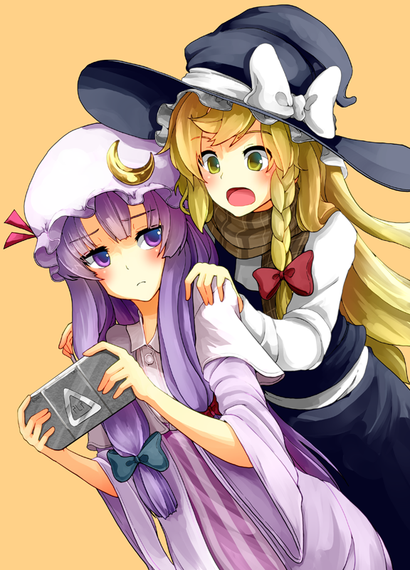 2girls, blonde_hair, braid, crescent, female_focus, hand_on_own_hip, handheld_game_console, hat