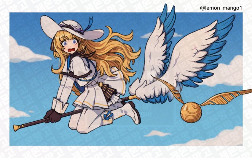 1girl, black_collar, black_gloves, blonde_hair, blue_eyes, blue_sash, blue_sky, boots, border, broom, broom_riding, collar, commentary, flying, gloves, gold_trim, golden_snitch, hat, large_hat, lemon_mango1, long_hair, long_sleeves, looking_at_object, multicolored_eyes, outside_border, pantyhose, peanut_mouth, phoebe_(wuthering_waves), pink_eyes, sash, shirt, side_slit, skirt, sky, solo, surprised, untranslatable_commentary, twitter_username, two-tone_eyes, very_long_hair, watermark, watermark_grid, white_boots, white_border, white_hat, white_pantyhose, white_shirt, white_skirt, wide_brim, wizarding_world, wuthering_waves
