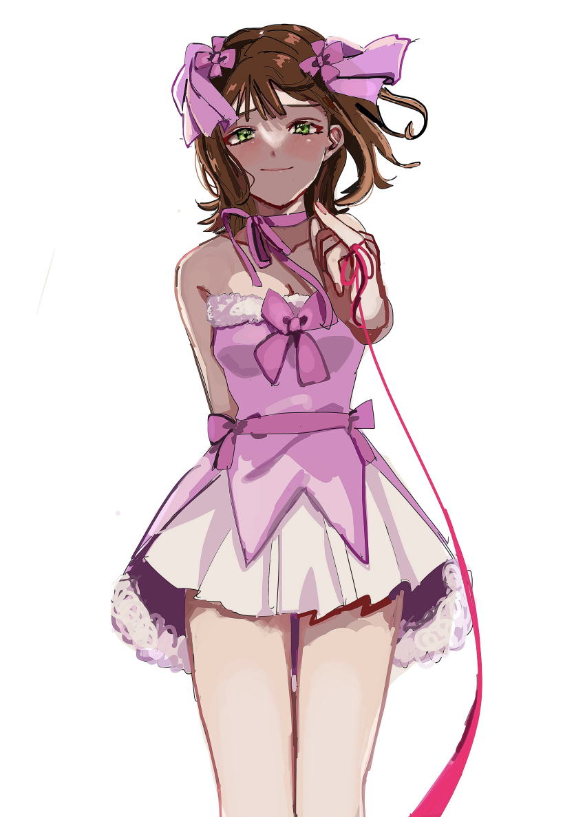 1girl, absurdres, amami_haruka, arm_behind_back, bare_shoulders, blush, bow, breasts