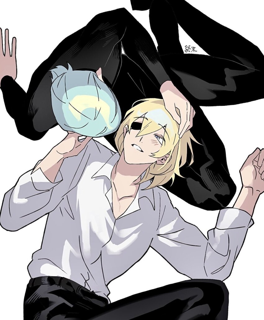 2boys, black_pants, black_shirt, blonde_hair, blue_eyes, male_byleth_(awakened)_(fire_emblem), male_byleth_(fire_emblem), collared_shirt