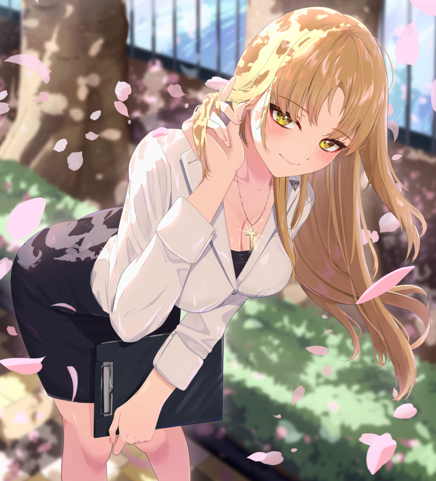 1girl, alternate_costume, black_shirt, black_skirt, blazer, blonde_hair, blush, breasts