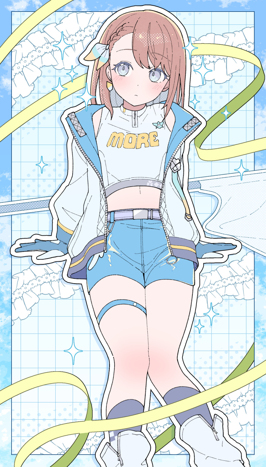 1girl, absurdres, asymmetrical_bangs, belt, blue_eyes, blue_gloves, blue_shorts, blue_socks