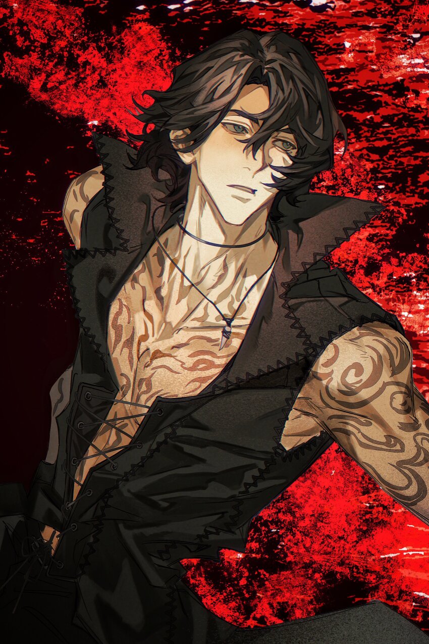 1boy, absurdres, arm_tattoo, bare_pectorals, bare_shoulders, black_hair, black_vest, blue_eyes
