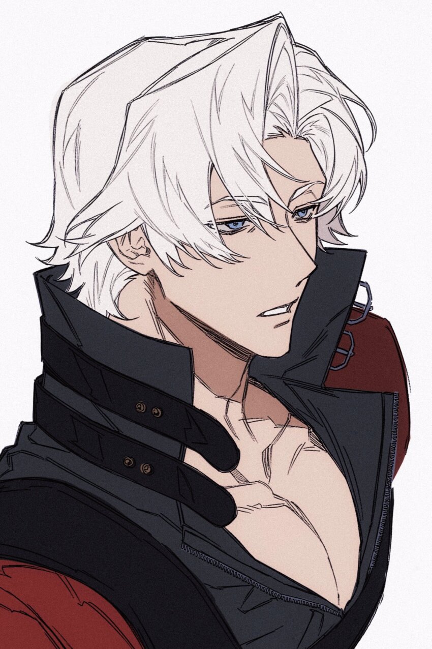 1boy, blue_eyes, collarbone, commentary, curtained_hair, dante_(devil_may_cry), devil_may_cry, devil_may_cry_(series)