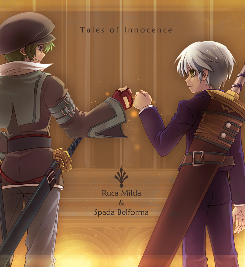 2boys, alfa_system, belt, blue_eyes, brown_background, character_name, clenched_hand, coat