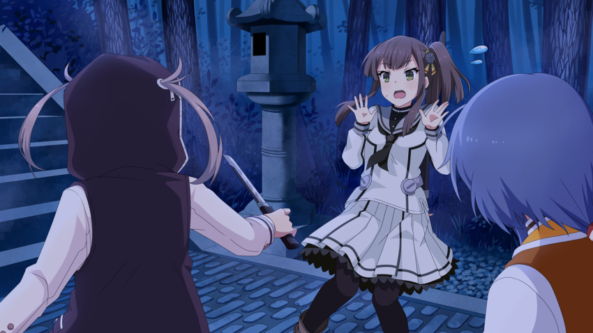 3girls, ayanokouji_martial_arts_school_uniform, black_neckerchief, black_pantyhose, blue_hair, brown_hair, brown_jacket, flying_sweatdrops