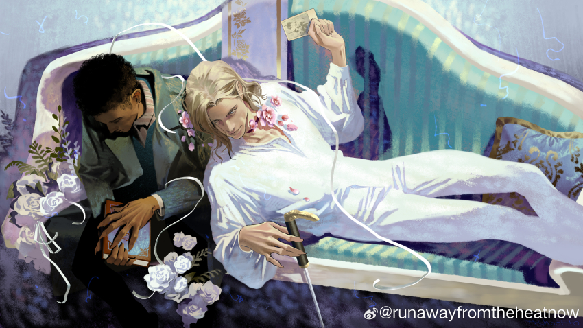 2boys, absurdres, achooho, black_hair, blonde_hair, book, cane, chinese_commentary