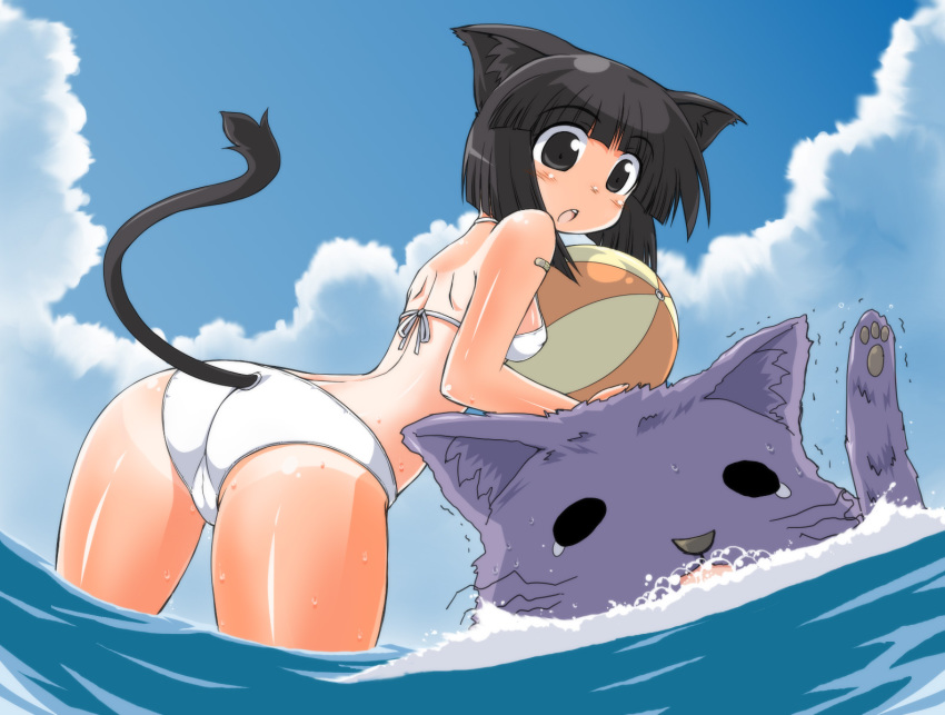 animal_ears, ass, back, ball, beachball, bikini, black_eyes, black_hair