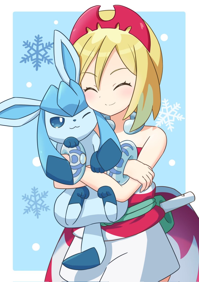1girl, blonde_hair, blue_eyes, bracelet, closed_eyes, commentary_request, eyelashes, gen_4_pokemon