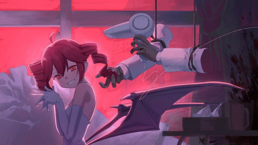 1girl, ahoge, blood, demon_wings, dress, drill_hair, earrings, elbow_gloves