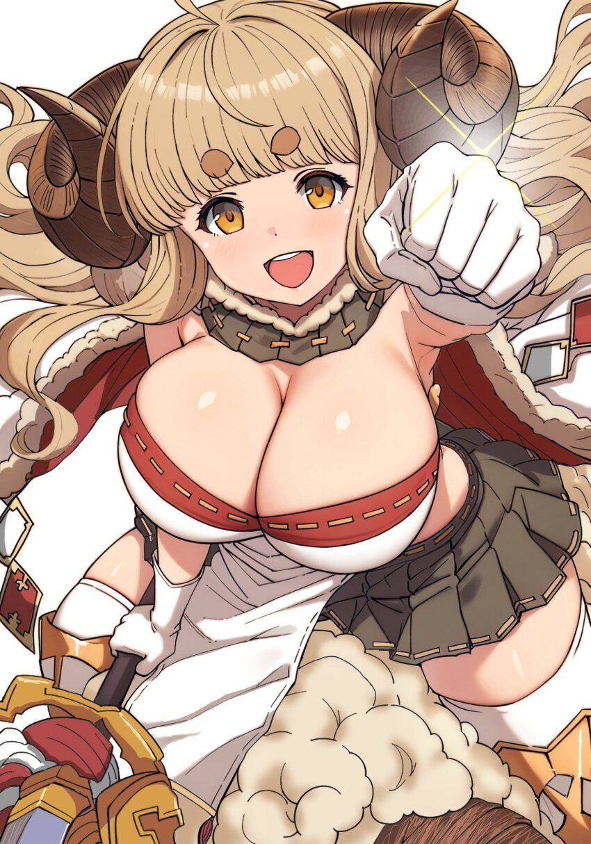 1girl, ahoge, anila_(granblue_fantasy), ballardiae1007, blonde_hair, blunt_bangs, blush, breasts