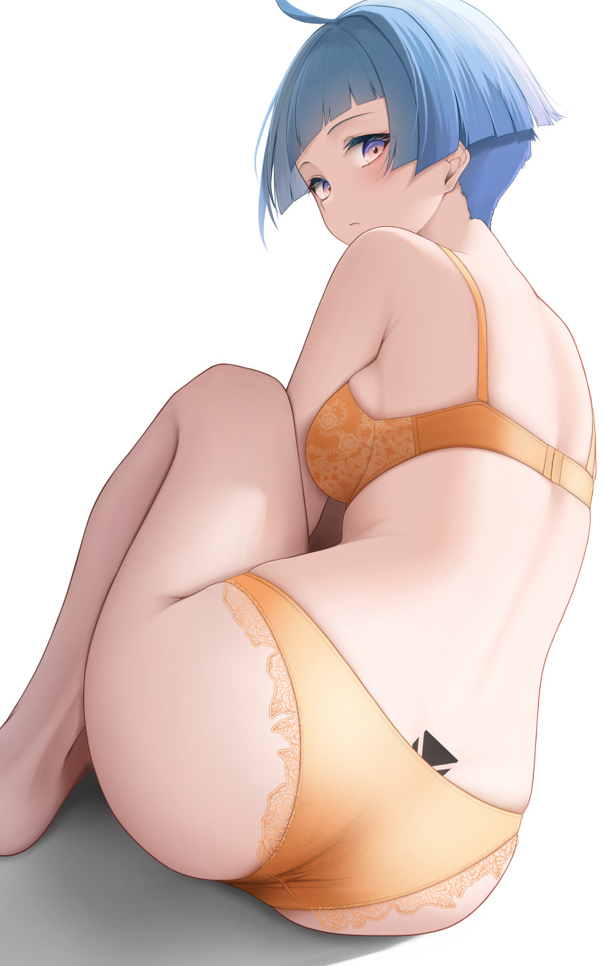 1girl, absurdres, ahoge, ass, back_tattoo, blue_eyes, bra, closed_mouth