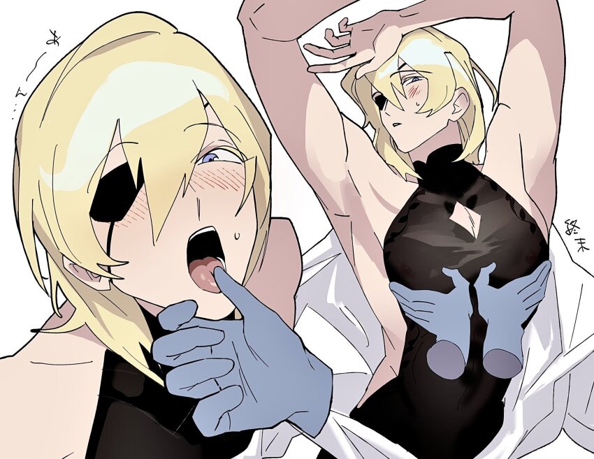 2boys, arms_up, backless_bodysuit, backless_outfit, bare_shoulders, black_bodysuit, blonde_hair, blue_eyes, blush, bodysuit, cleavage_cutout, clothing_cutout, dimitri_alexandre_blaiddyd, disembodied_hand, finger_on_tongue, fire_emblem, fire_emblem:_three_houses, groping, hair_behind_ear, hair_between_eyes, highres, looking_at_another, looking_at_viewer, male_focus, medium_hair, multiple_boys, multiple_views, nintendo, off-shoulder_shirt, off_shoulder, open_mouth, parted_lips, pectoral_cleavage, pectoral_grab, pectorals, pov, pov_hands, shirt, shumatsu3210, sleeveless, sweatdrop, teeth, tongue, tongue_out, turtleneck, white_background, white_shirt, yaoi