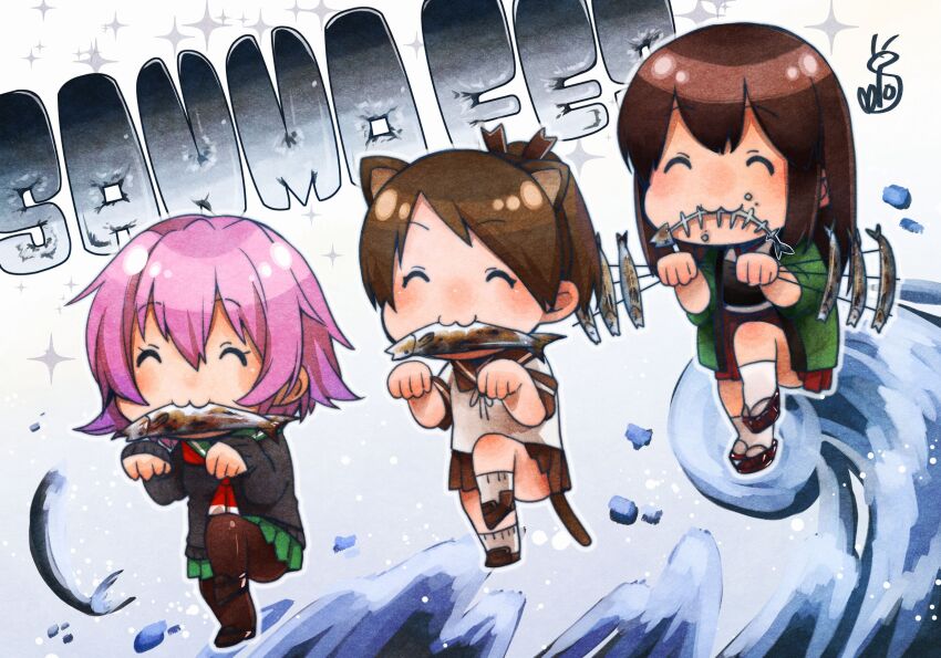 3girls, :3, ^_^, akagi_(kancolle), animal_ears, blush, brown_hair, brown_sailor_collar