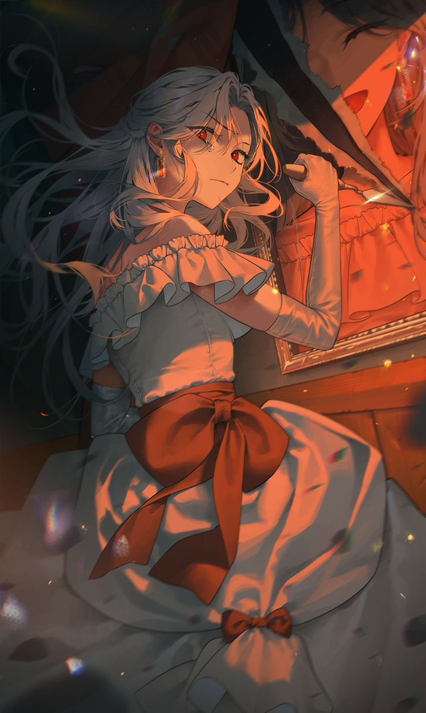 1girl, absurdres, bow, broken_photo, closed_mouth, commentary_request, daae, dress