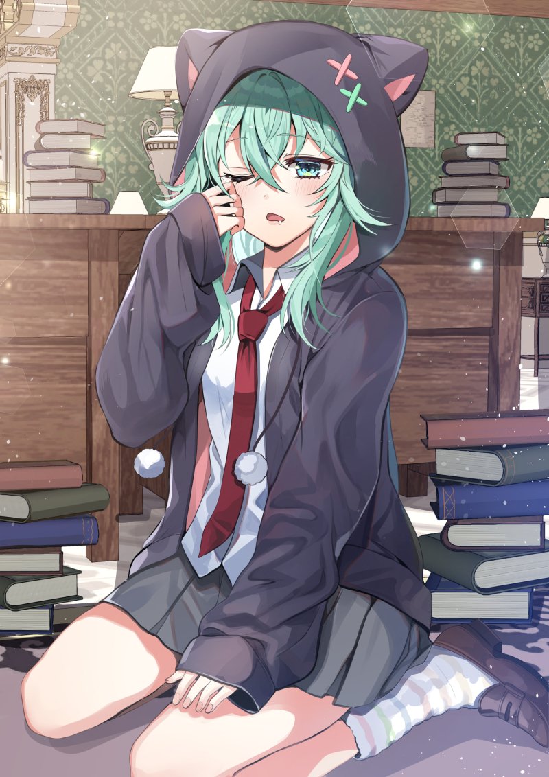 1girl, animal_ear_hood, animal_ears, black_hoodie, blue_eyes, blush, book, chocho_(homelessfox), desk, desk_lamp, fake_animal_ears, genius_summoner_at_necromancy_academy, green_hair, grey_skirt, hand_up, hood, hoodie, kneeling, lamp, long_hair, long_sleeves, merida_hugh_eckel, one_eye_closed, open_mouth, saliva, school_desk, school_uniform, shirt, skirt, sleeping, socks, solo, tongue, white_shirt, white_socks
