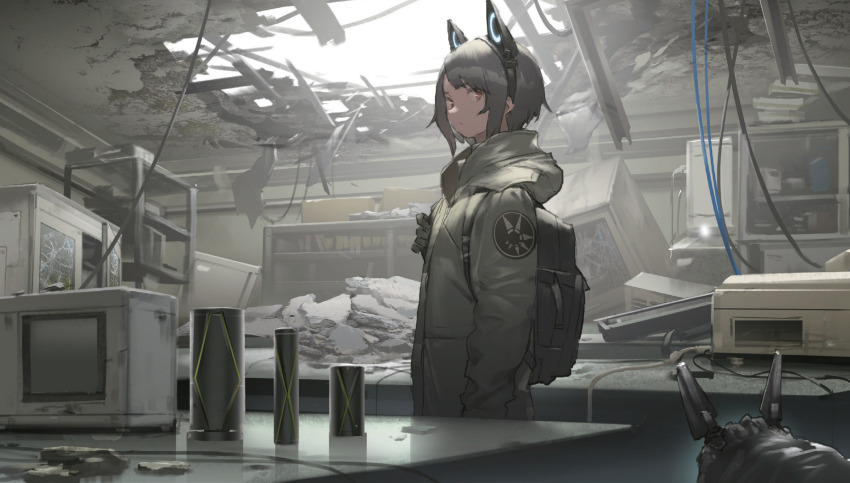1girl, animal_ear_hairband, animal_ears, arms_at_sides, backpack, bag, black_hair, broken_ceiling