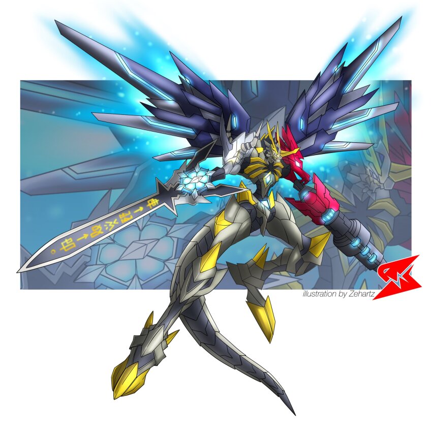 armor, cannon, chaosgreymon, digimoji, digimon, digimon_(creature), flying, fusion, glowing, glowing_eyes, highres, horns, metalgarurumon_(red), omegamon, oridigi, original, solo, sword, tail, weapon, wings, zehartz