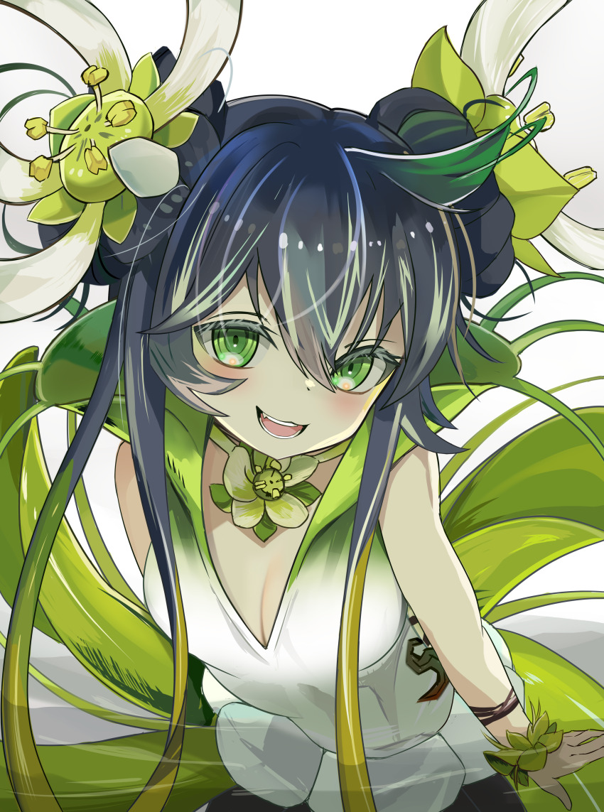 1girl, absurdres, black_hair, blush, breasts, cleavage, double_bun, duel_monster