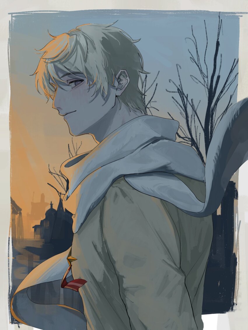 1boy, axis_powers_hetalia, benishake8, blonde_hair, blue_sky, border, branch, brown_coat