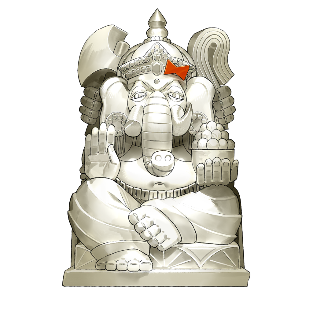 1girl, axe, bindi, bow, bowl, broken_tusk, earrings, elephant_girl