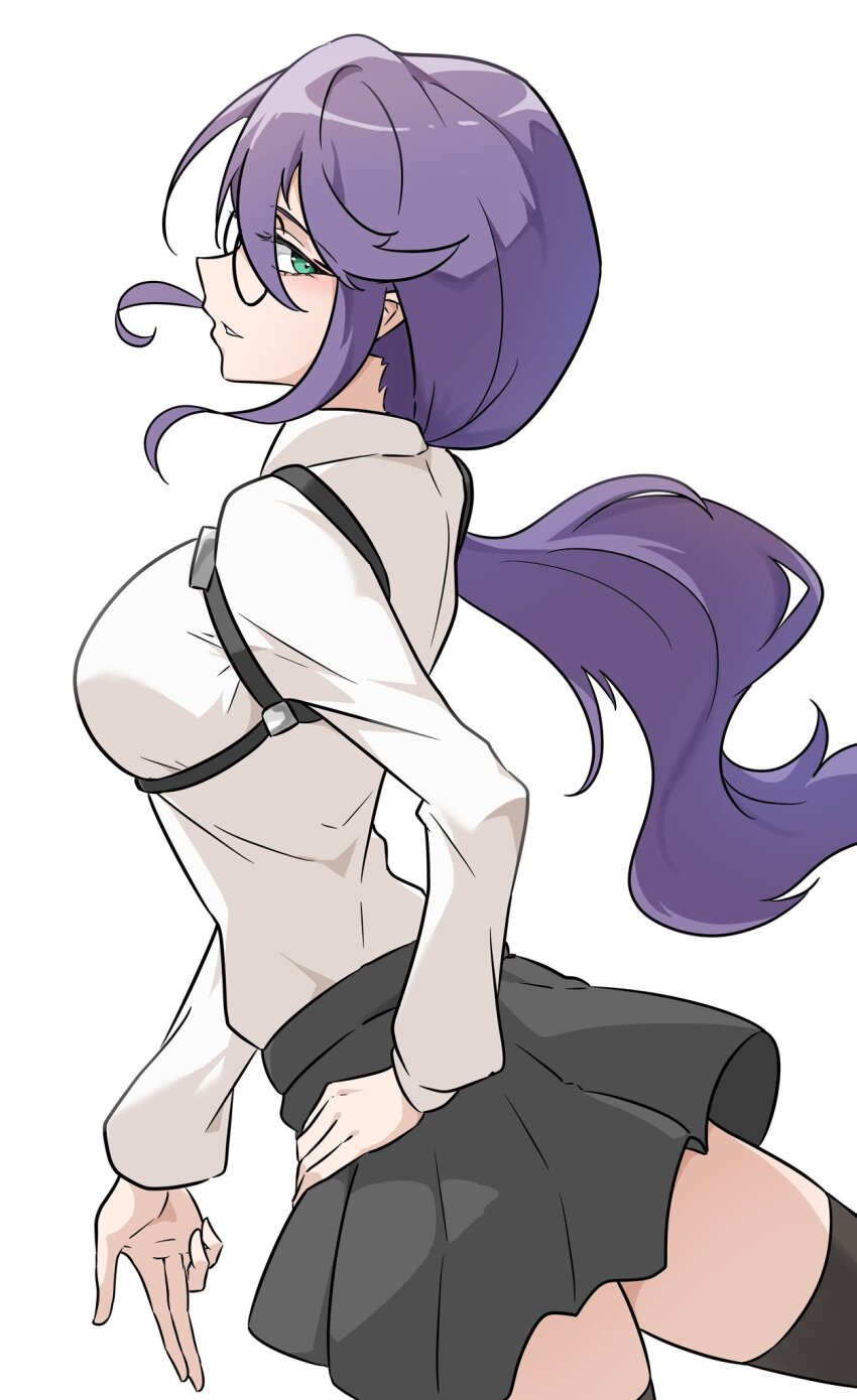 1girl, black_thighhighs, breasts, chest_harness, collared_shirt, commentary_request, cowboy_shot, finger_gun