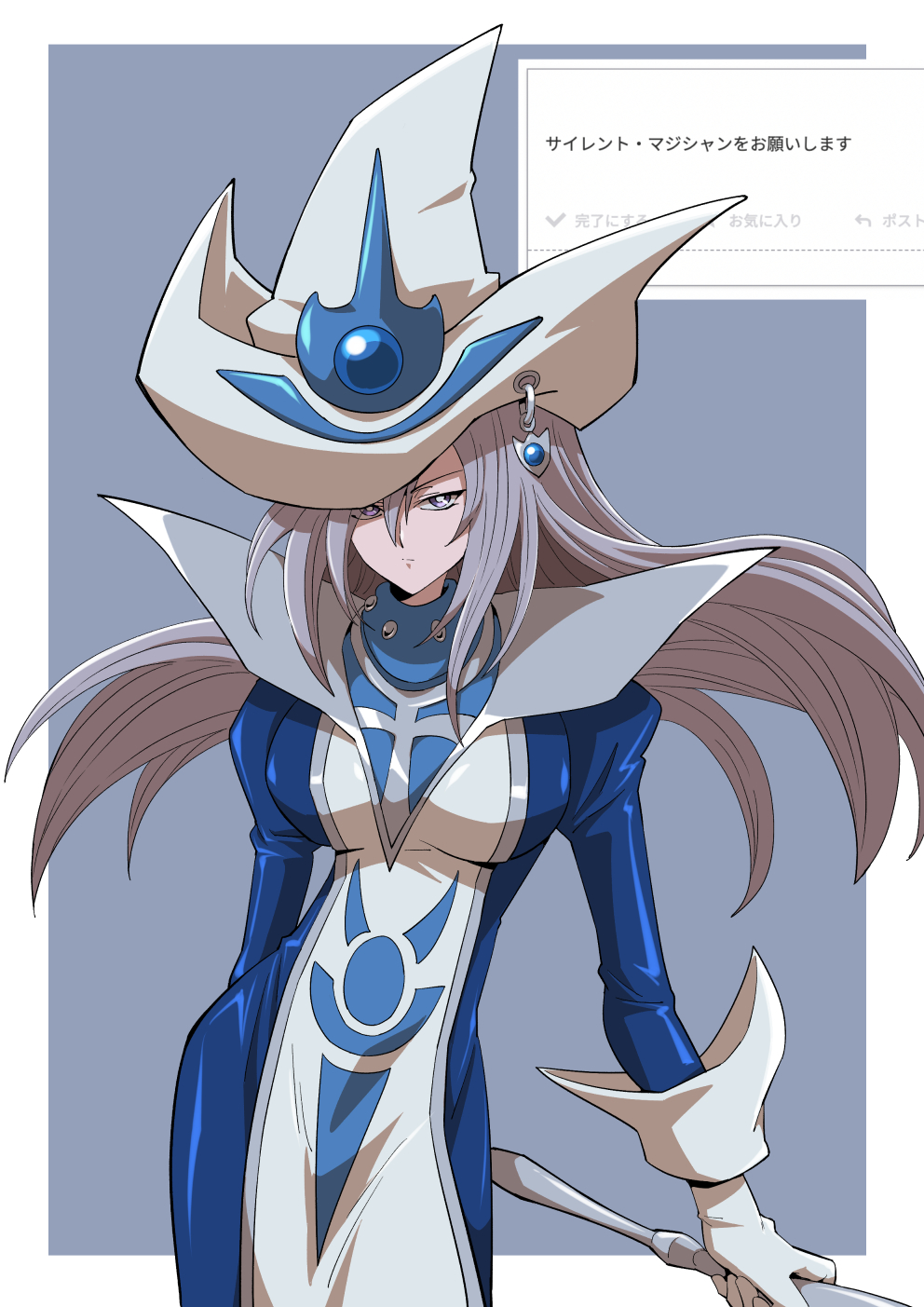 1girl, blue_dress, dress, duel_monster, gloves, grey_background, grey_hair, hat