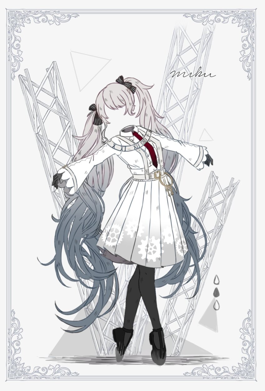 1girl, 25-ji_miku, belt_buckle, black_gloves, black_necktie, black_pantyhose, black_shoes, border