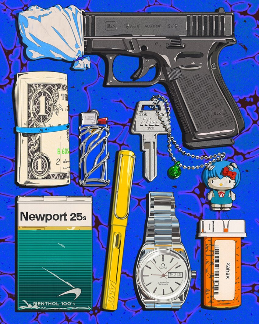 ayanami_rei, ayanami_rei_(cosplay), banknote, blood, blue_background, character_charm, charm_(object), cigarette_pack, cosplay, dollar_bill, drugs, glock, glock_ges.m.b.h., gun, handgun, hello_kitty, hello_kitty_(character), highres, key, lighter, money, neon_genesis_evangelion, newport_(cigarette), no_humans, object_focus, original, pen, pill_bottle, pistol, rubber_band, rudcef, sanrio, still_life, watch, weapon