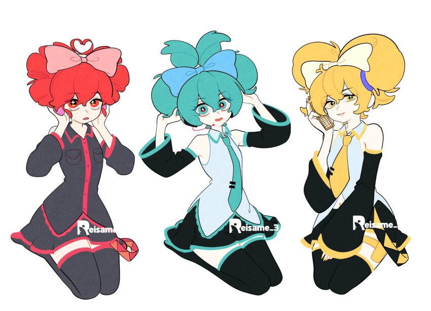 3girls, akita_neru, aqua_eyes, aqua_hair, aqua_necktie, black_skirt, black_sleeves, black_thighhighs