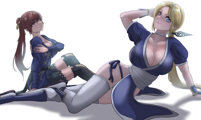2girls, absurdres, arm_support, blonde_hair, blue_eyes, breasts, brown_eyes, brown_hair