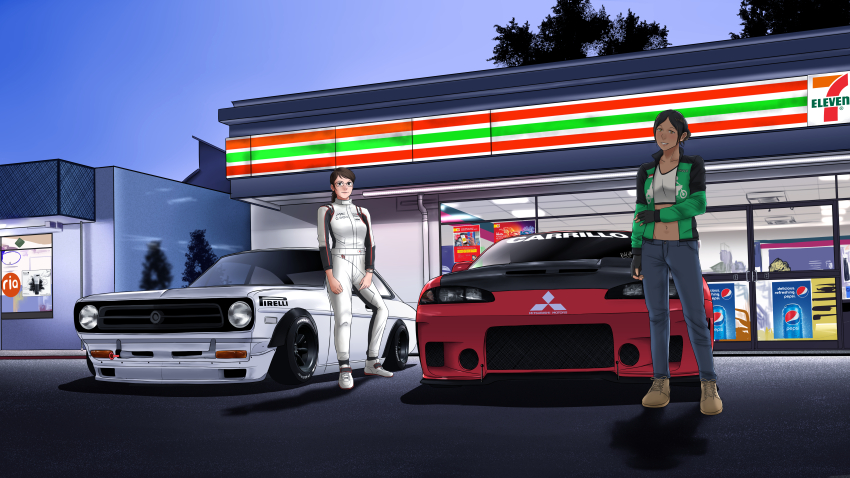 2girls, 7-eleven, absurdres, ad, amoemo, black_hair, breasts, brown_shoes