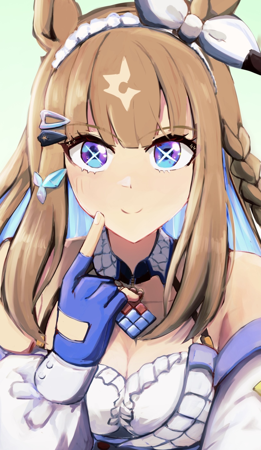 1girl, absurdres, almond_eye_(the_changer)_(umamusume), almond_eye_(umamusume), blue_eyes, blunt_bangs, blush, breasts