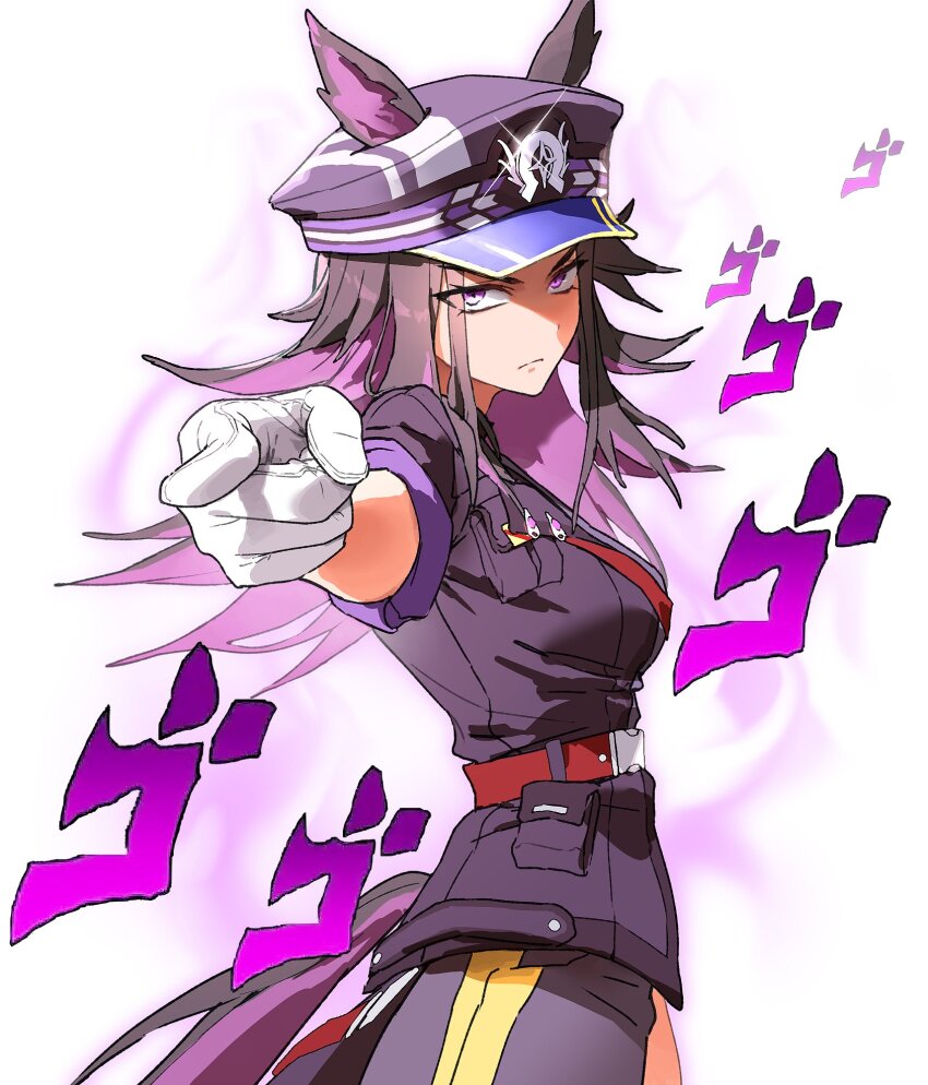 1girl, animal_ears, aura, belt, black_hair, black_hat, breast_pocket, colored_inner_hair, commentary, diffraction_spikes, ears_through_headwear, eyes_visible_through_hair, fenomeno_(umamusume), foreshortening, from_side, glint, gloves, hat, hat_ribbon, highres, horse_ears, horse_girl, horse_tail, horseshoe_hat_ornament, horseshoe_ornament, jacket, jojo_no_kimyou_na_bouken, jojo_pose, kujo_jotaro's_pose, long_hair, m_arijuan_a, menacing_(jojo), multicolored_hair, peaked_cap, pocket, pointing, pointing_at_viewer, pose_imitation, purple_eyes, purple_hair, ribbon, sanpaku, sidelocks, solo, stardust_crusaders, tail, tsurime, two-tone_hair, umamusume, white_gloves