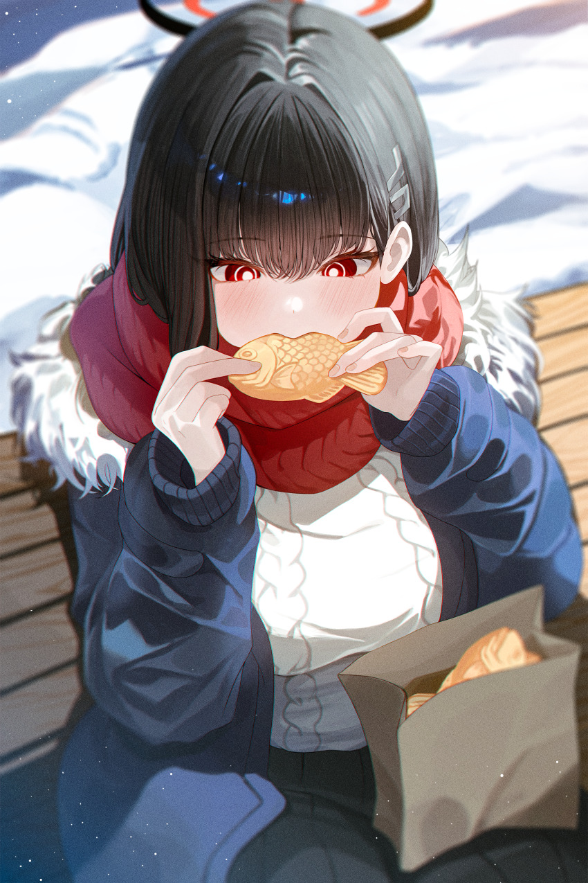 1girl, absurdres, black_hair, blue_archive, blush, breasts, bright_pupils, eating