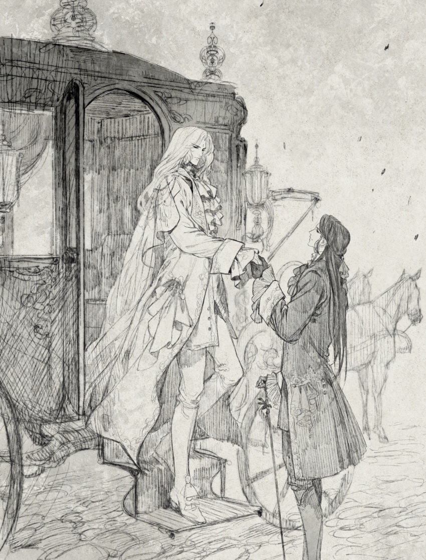 2boys, alternate_universe, ascot, bow, cane, cape, carriage, coat