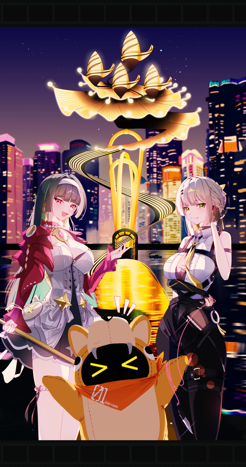 2girls, :d, absurdres, alternate_breast_size, arm_strap, arm_under_breasts, astra_yao, bandana