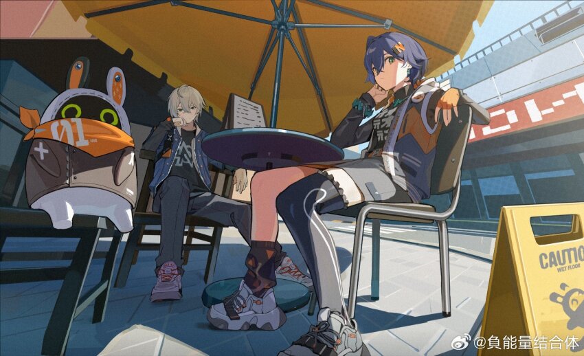 1boy, 1girl, :/, bangboo_(zenless_zone_zero), belle_(zenless_zone_zero), black_pants, black_shirt, black_socks, black_thighhighs, blue_hair, blue_jacket, chair, chinese_commentary, closed_mouth, commentary_request, eous_(zenless_zone_zero), fingerless_gloves, frown, funengliang_jieheti, gloves, green_eyes, grey_hair, grey_jacket, grey_shoes, grey_skirt, hair_ornament, hand_up, highres, jacket, letter_hair_ornament, long_sleeves, loose_socks, miniskirt, on_chair, open_clothes, open_jacket, orange_gloves, orange_jacket, outdoors, pants, patio_umbrella, round_table, shirt, shoes, short_hair, short_sleeves, single_glove, single_sock, single_thighhigh, sitting, skirt, sleeveless, sleeveless_jacket, sneakers, socks, table, thighhighs, umbrella, watermark, weibo_watermark, wet_floor_sign, wise_(zenless_zone_zero), yellow_umbrella, zenless_zone_zero