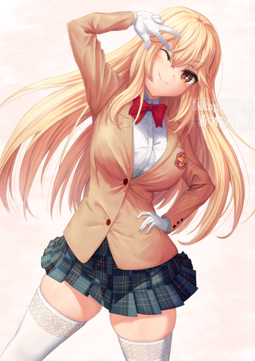 1girl, ;), akagi_iruka, blazer, blonde_hair, bow, bowtie, breasts