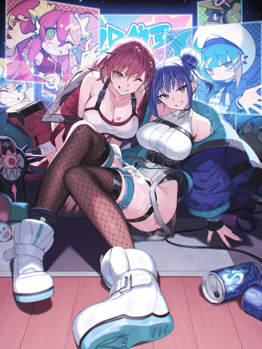 2girls, absurdres, ainezu, bare_shoulders, bent_over, blue_hair, blue_jacket, breasts