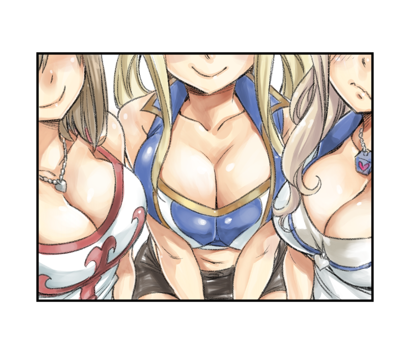 3girls, bare_shoulders, black_skirt, blonde_hair, blue_vest, border, breast_focus, breasts