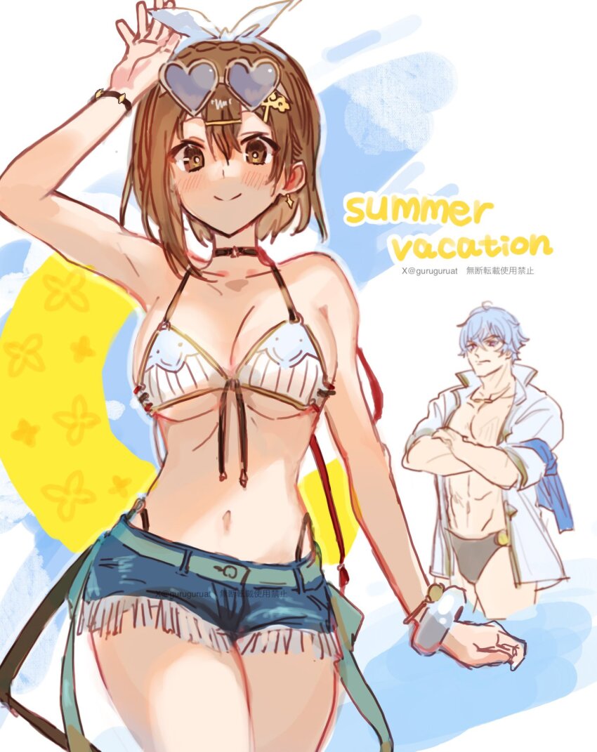 1boy, 1girl, atelier_(series), atelier_ryza, bikini, blue_shorts, blush, breasts, brown_eyes, brown_hair, cleavage, cowboy_shot, denim, denim_shorts, heart, heart-shaped_eyewear, highres, large_breasts, le21day, medium_hair, reisalin_stout, shorts, solo_focus, sunglasses, swimsuit, white_bikini